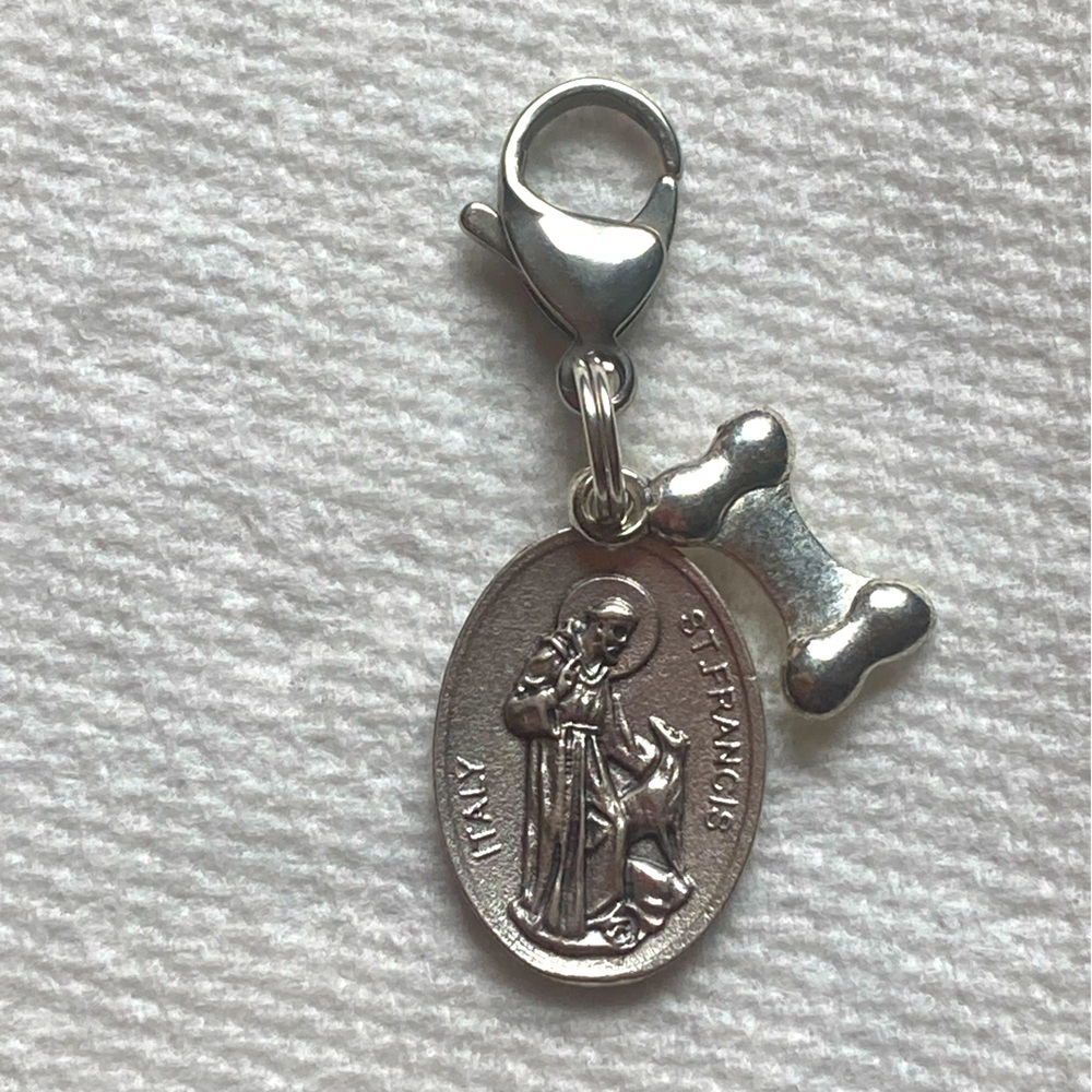 Clip on St. Francis medal with Dog bone pet charm